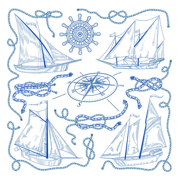 Nautical set of sketch elements — Stock Vector