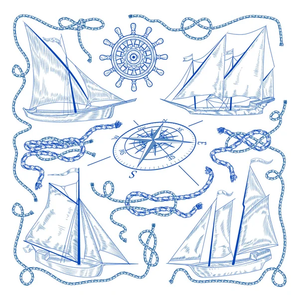 Ensemble nautique d'éléments de croquis — Image vectorielle