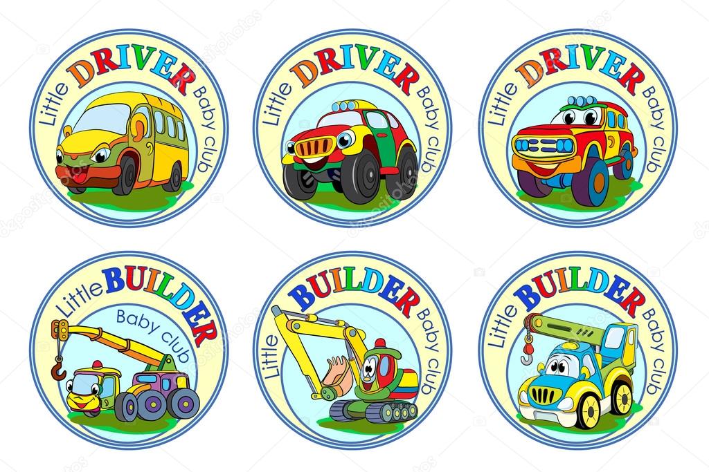 Set of six logos for children clubs with cartoon characters on white background.