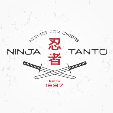 Japon Ninja Logosu. Tanto bıçak amblemi tasarım. Vintage Japonya rozeti. Grunge arka plan martial art Team t-shirt illüstrasyon kavramı