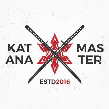 Japon Ninja Logosu. Katana ana amblem tasarım. Vintage ninja maskot rozeti. Grunge arka plan martial art Team t-shirt illüstrasyon kavramı