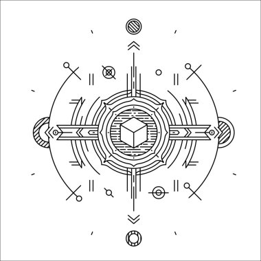 Lineer teknoloji uzay tasarımı. Modern fütüristik çizgi rozeti. Hipster afiş illüstrasyon kavramı.