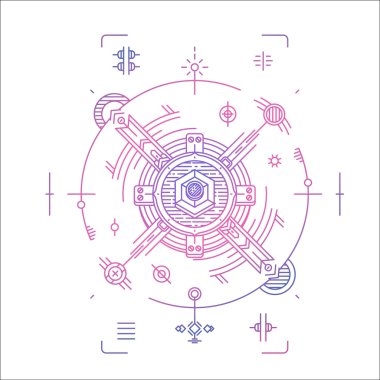 Renkli çizgi geometrik fütüristik rozet tasarımı. Modern kozmik doğrusal logo tipi. Hipster t-shirt illüstrasyon kavramı.