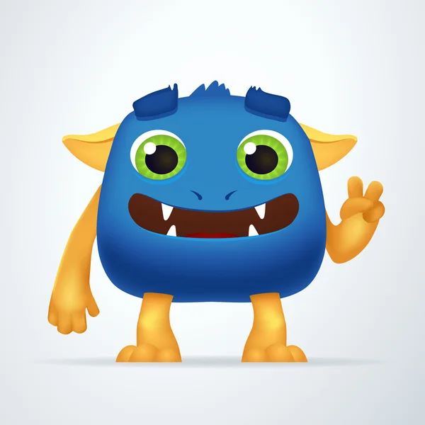 Grappige blauwe en gele cartoon Alien monster schepsel karakter met overwinning gebaar. Leuke pluizige Mutant konijn geïsoleerd op lichte achtergrond. — Stockvector