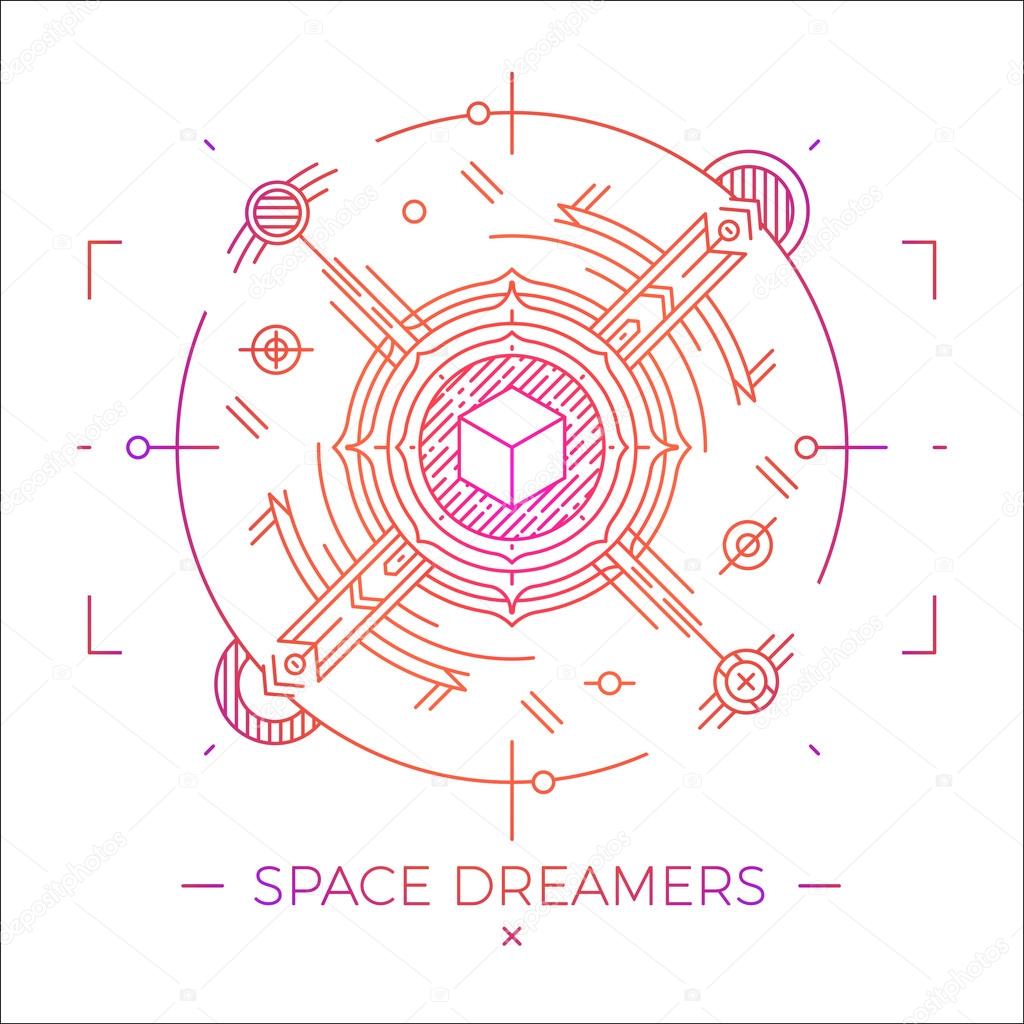 Modern thin line space dreamers illustration. Outline cosmic symbol. Simple mono linear abstract design. Stroke vector logo concept for web graphics