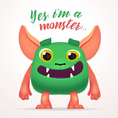 Sevimli çizgi film Yeşil yaratık karakter ile ben bir canavar yazı durduğum. Eğlenceli kabarık mutant tavşan üzerinde ışık arka plan izole.