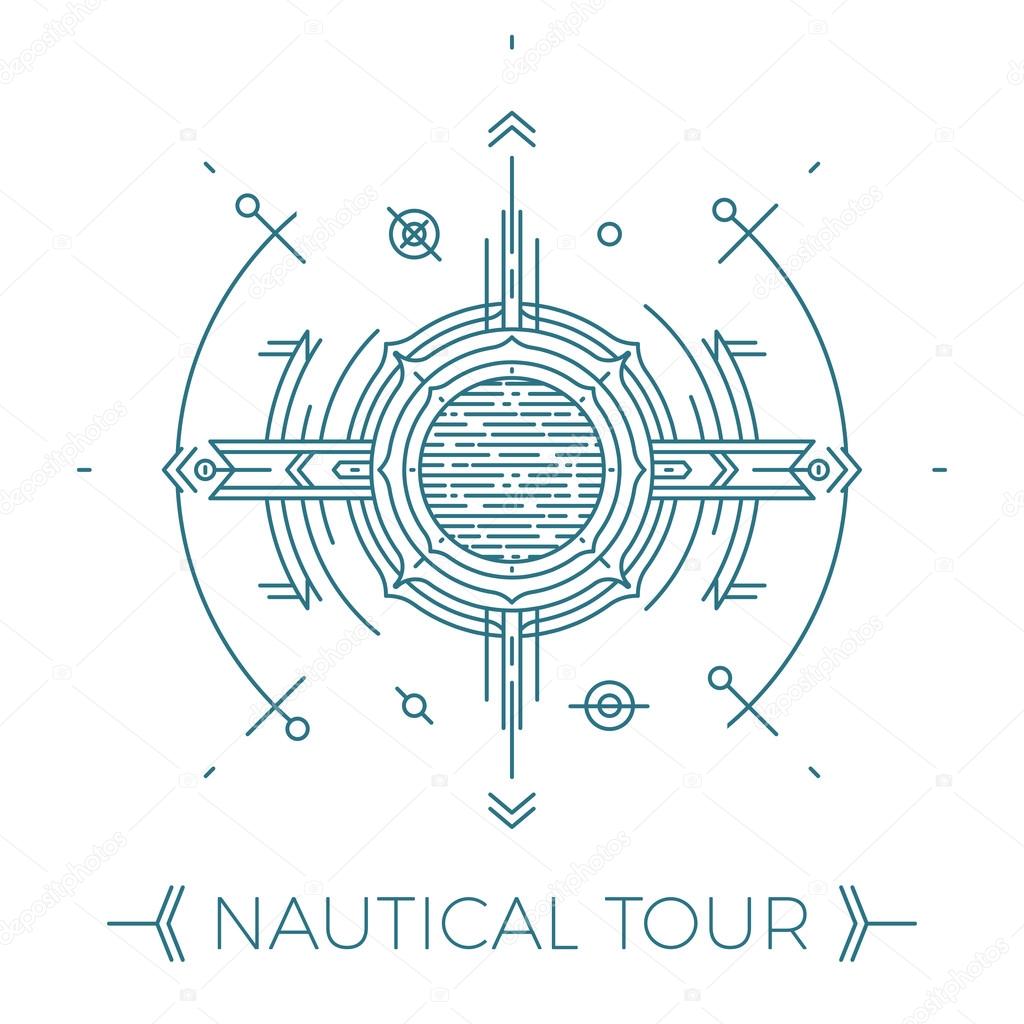 Modern thin line nautical illustration. Outline sea tour logo. Simple mono linear abstract navy design. Stroke vector hipster concept