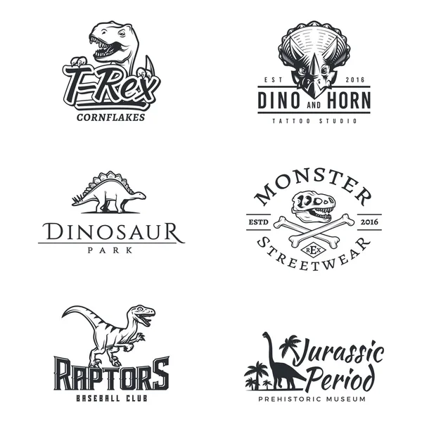 Dino logo set. Dinosaur logotype. Raptor sport mascot design. Vector T-rex label template. Jurassic period illustration. Dino park insignia concept. Ancient world badge collection — Stock Vector