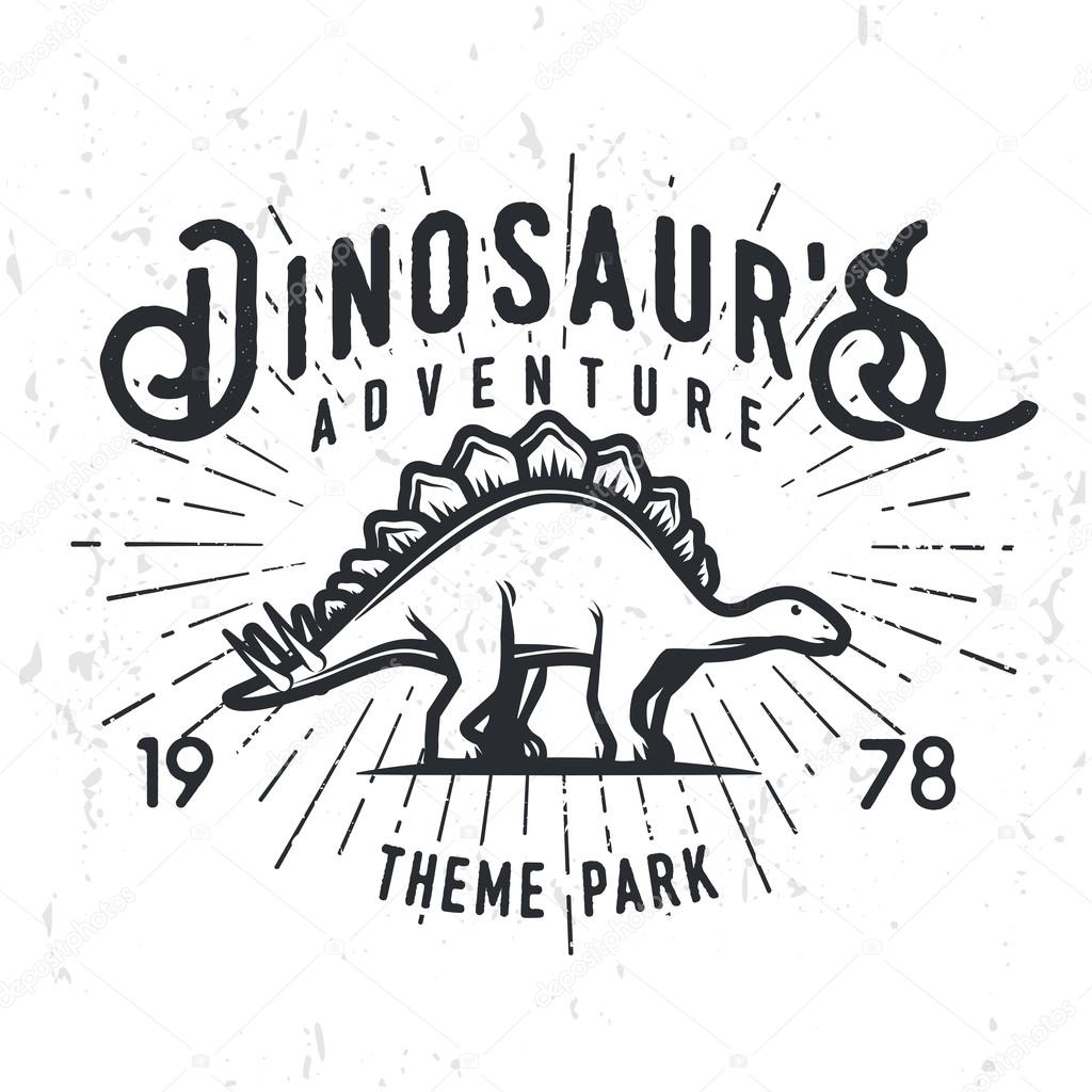 Vector dinosaur adventure logo concept. Stegosaurus theme park insignia design. Jurassic period illustration. Vintage T-shirt badge on grunge background.