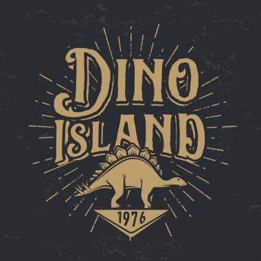 Vektör dino Adası logo kavramı. Stegosaurus Milli Parkı Insignia tasarım. Jurassic dönem illüstrasyon. Dinozor Vintage T-shirt rozet koyu arka plan üzerinde