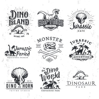 Big Dinosaur Vector Logo Set. Triceratops t-shirt illustration concept. Raptors security insignia design template. Vintage Jurassic Period labels. Theme park badges clipart