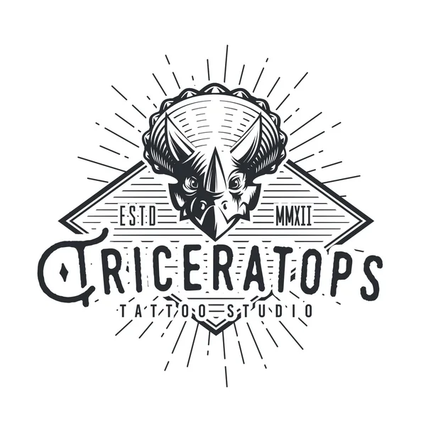 Triceratops logo template. Dinosaur logotype. Dino tattoo studio design. Vector sunburst label. Jurassic period retro illustration. Fury Dino insignia concept. Ancient world badge — Stock Vector