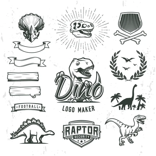 Dino logo maker set. Dinosaur logotype creator. Vector T-rex banner template. Jurassic period laurel crest illustration. Shield insignia concept design. Cretaceous world badge or label collection. — Stock Vector