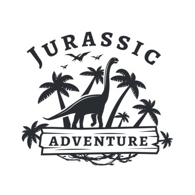 Vektör dinozor logo kavramı. Dashanpu'daki macera park Insignia tasarım. Jurassic dönem illüstrasyon. Dino Vintage T-shirt rozet beyaz arka plan üzerinde
