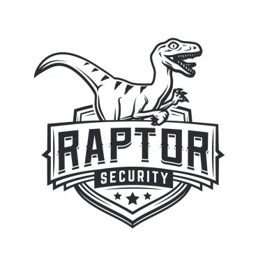 Raptor sport logo mascot design. Vintage college team coat of arms. Military Dino vector logotype template. Airsoft squad t-shirt illustration concept clipart