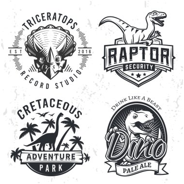 Dino logolar kümesi. Raptor t-shirt illüstrasyon kavramı grunge arka plan üzerinde. T-rex bira etiket tasarımı. Vintage Jurassic dönem rozeti.