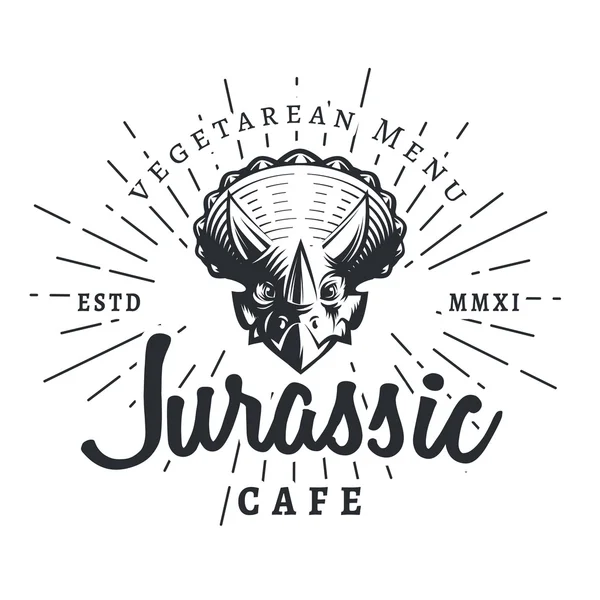 Modello di logo del caffè giurassico. Logotipo menu vegetariano dinosauro. Disegno della mascotte dello studio del tatuaggio di Dino. Etichetta Sunburst vettoriale. Illustrazione retrò del parco del periodo cretaceo. Fury Dino insegne concetto. Antichi — Vettoriale Stock