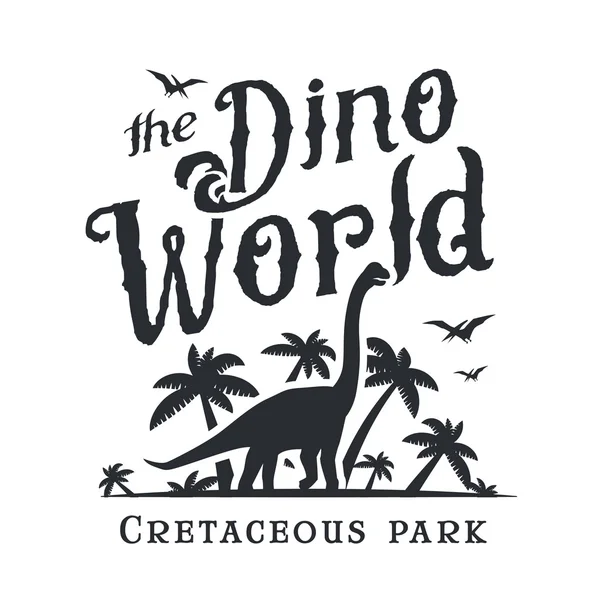 Plantilla de logotipo del mundo Dino. Logo del parque de dinosaurios. Diplodoc camiseta vector de diseño. Ilustración retro del período jurásico. Concepto de insignia del mundo perdido. Insignia de aventura — Archivo Imágenes Vectoriales