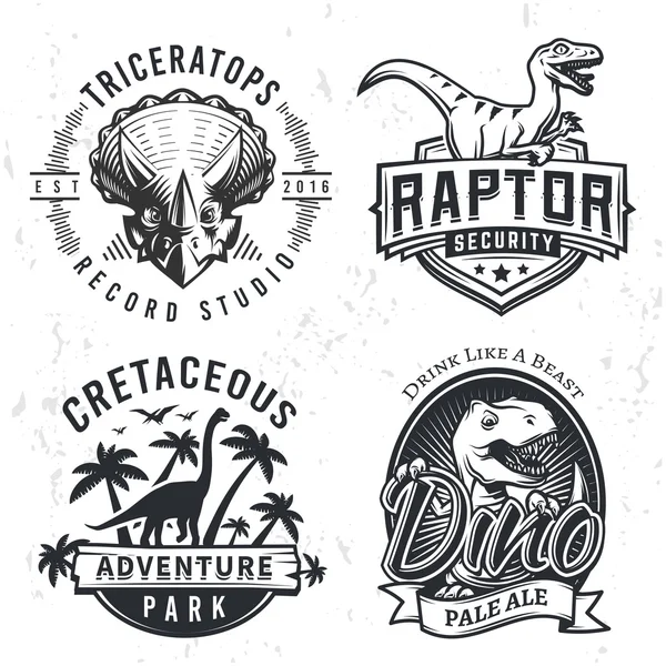 Conjunto de Dino Logos. Raptor t-shirt ilustração conceito no fundo grunge. Design de etiquetas de cerveja T-rex. Emblema do período jurássico vintage . —  Vetores de Stock