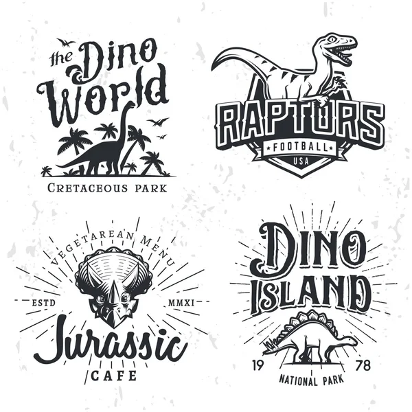 Dinozor vektör Logo koymak. Triceratops t-shirt illüstrasyon kavramı. Raptors kolej spor takım Insignia tasarım şablonu. Vintage Jurassic dönem etiketleri. Tema parkı rozetleri koleksiyonu