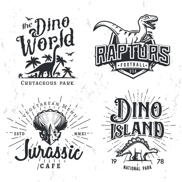 Dinosaur Vector Logo Set. Triceratops concepto de ilustración camiseta. Raptors plantilla de diseño de insignia de equipo deportivo universitario. Etiquetas Vintage Jurassic Period. Colección de insignias del parque temático Ilustraciones de stock libres de derechos