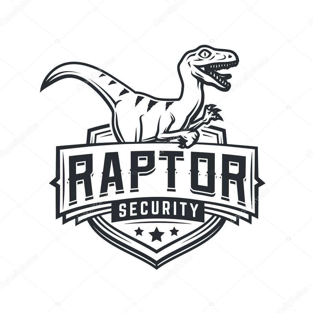 Raptor sport logo mascot design. Vintage college team coat of arms. Military Dino vector logotype template. Airsoft squad t-shirt illustration concept.