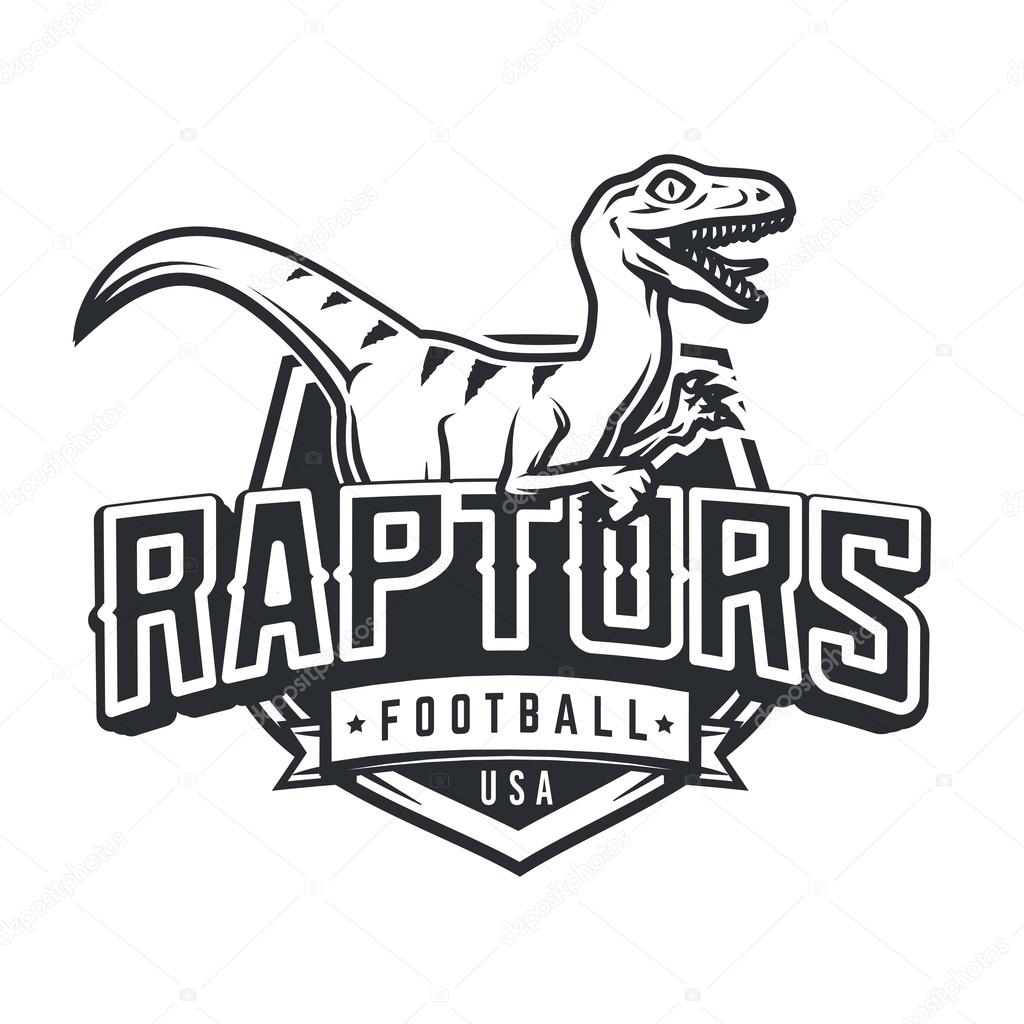 Raptor sport logo mascot design. Vintage college team coat of arms. Dino vector logotype template. Sportswear shop t-shirt illustration concept.