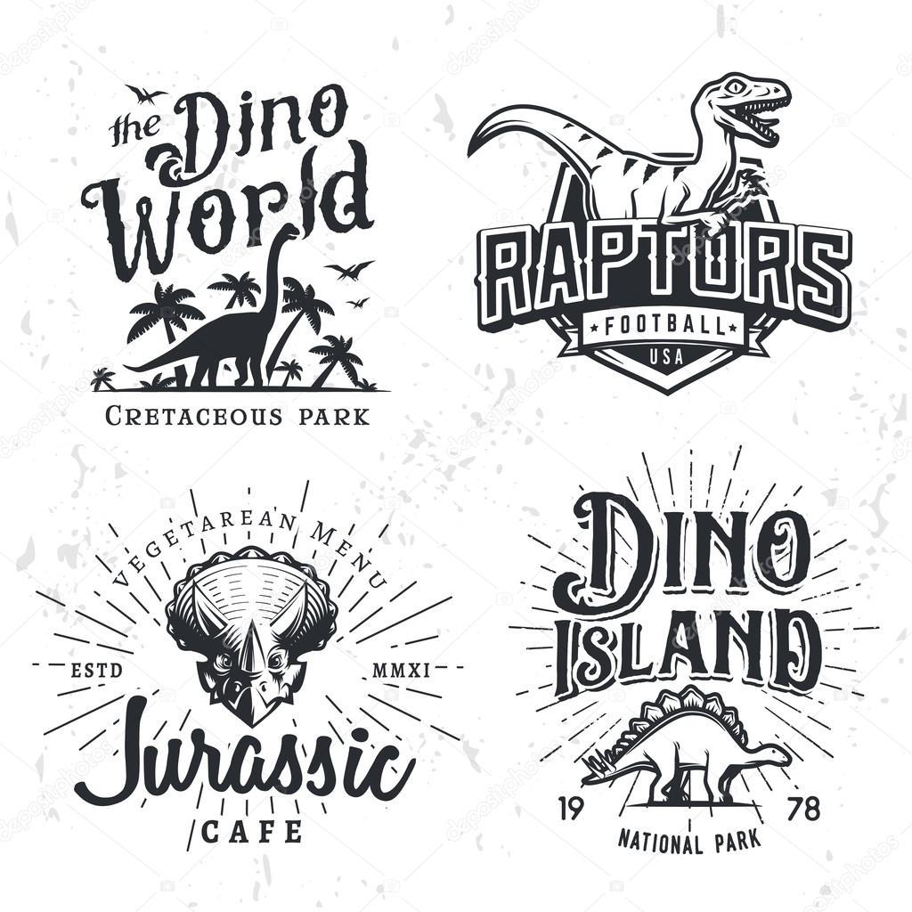 Dinosaur Vector Logo Set. Triceratops t-shirt illustration concept. Raptors college sport team insignia design template. Vintage Jurassic Period labels. Theme park badges collection.