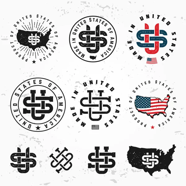 Hergestellt in den USA als Monogramm-Vektorsatz. vintage america logo design. Retro-Siegel der Vereinigten Staaten. us Labelillustration auf Grunge-Hintergrund. Hipster T-Shirt Grafik. — Stockvektor