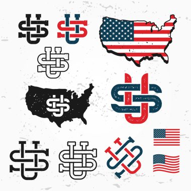 ABD monogram vektör kümesinde yapılmış. Vintage Amerika logo tasarımı. Retro Amerika Birleşik Devletleri mühür. Bize çizimde etiket. Grunge arka plan üzerinde harita grafiği.