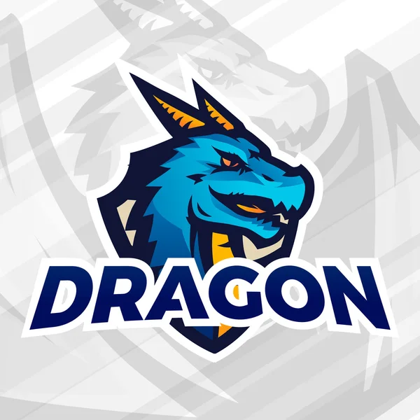 Mascotte de dragon sur bouclier sport. Concept de patch football ou baseball. Insigne de ligue collégiale, vecteur d'équipe scolaire — Image vectorielle