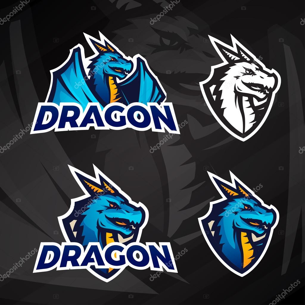 Creative dragon logo concept. Sport mascot design. College league insignia, Asian beast sign, Dragons illustration, School football team vector on dark background.