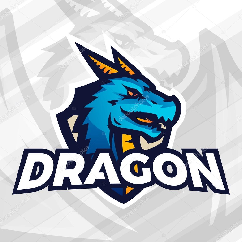 Dragon on shield sport mascot template. Football or baseball patch design. College league insignia, Asian beast sign, School team vector.