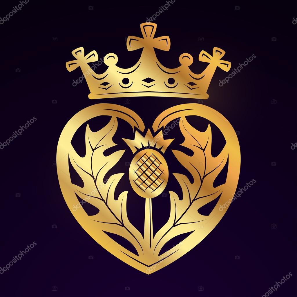 Luckenbooth brooch vector design element. Vintage Scottish heart shape with crown symbol logo concept. Valentine day or wedding illustration on dark background.