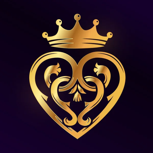 Golden Luckenbooth elemento de diseño de vectores broche. Forma de corazón escocés vintage con la corona y el símbolo del cardo concepto de logotipo. Ilustración de San Valentín o boda sobre fondo oscuro — Vector de stock