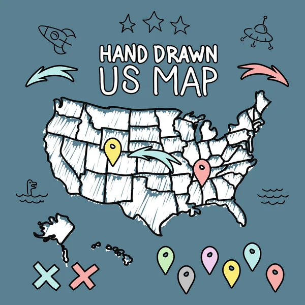 Hand drawn US map whith map pins vector illustration — Stock Vector