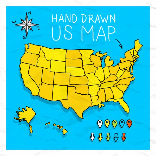 Dibujado a mano mapa de EE.UU. donde el mapa pins vector ilustración — Vector de stock