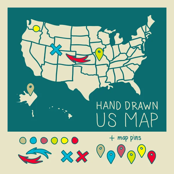 Mapa desenhado à mão dos EUA com ilustração vetorial de pinos de mapa — Vetor de Stock