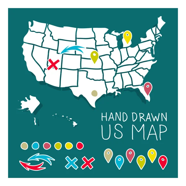 Carta disegnata a mano negli Stati Uniti con mappa perni illustrazione vettoriale — Vettoriale Stock