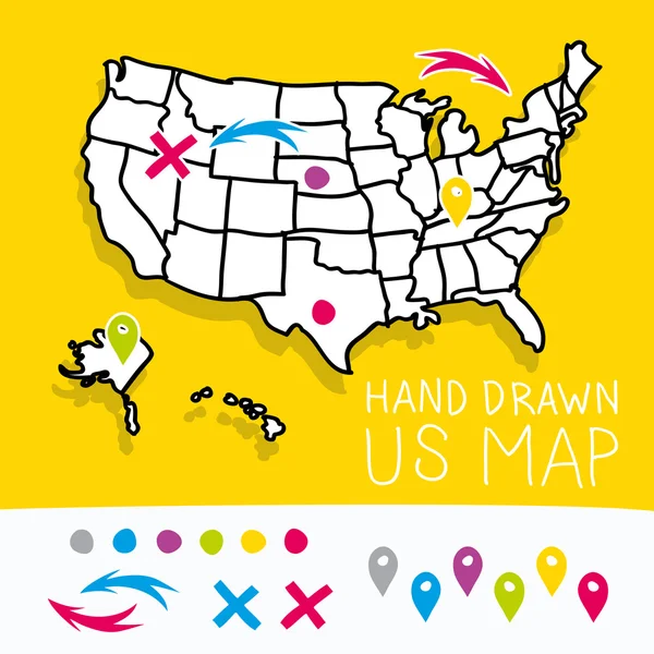 Dibujado a mano mapa de EE.UU. donde el mapa pins vector ilustración — Vector de stock