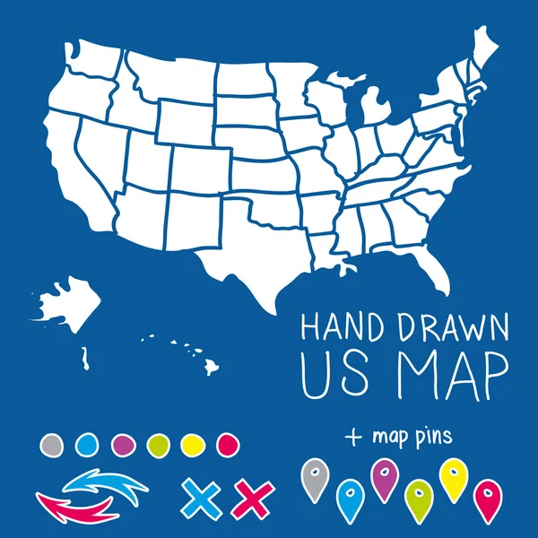 Hand drawn US map whith map pins vector illustration — Stock Vector