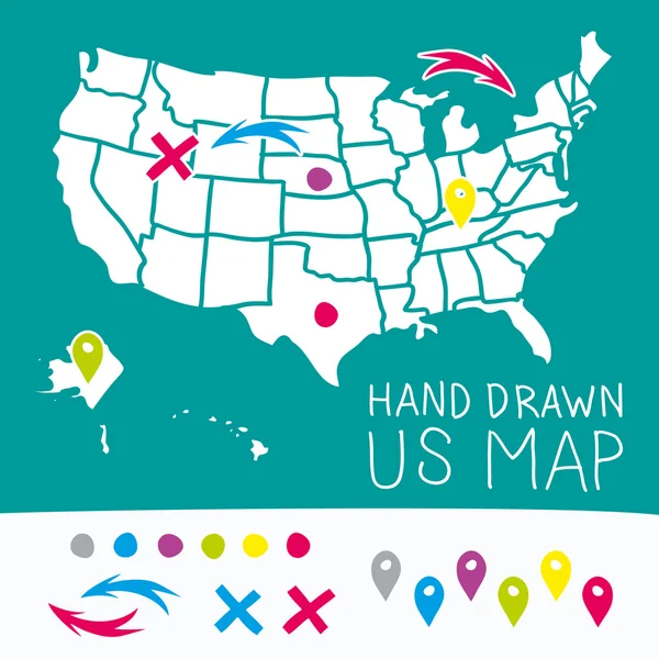 Hand drawn US map whith map pins vector illustration — Stock Vector