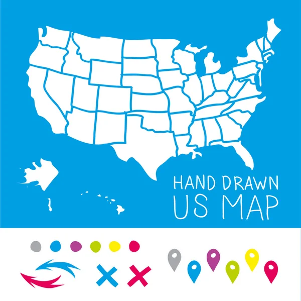 Hand drawn US map whith map pins vector illustration — Stock Vector