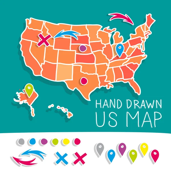 Dibujado a mano US mapa vector ilustración Vectores de stock libres de derechos
