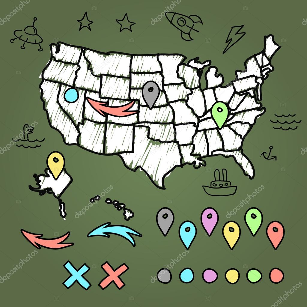 Hand drawn US map whith map pins vector illustration