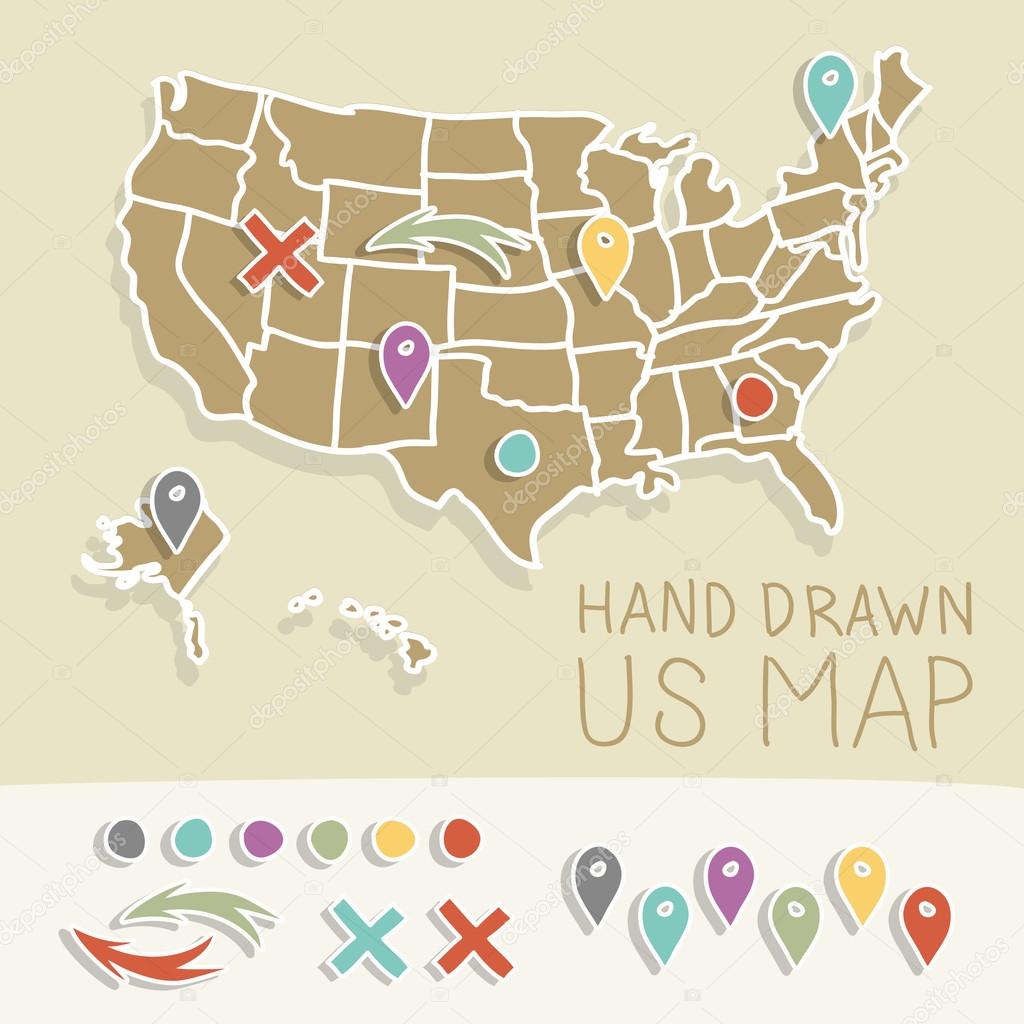 Hand drawn US map whith map pins vector illustration