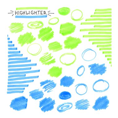 Set of blue and green fluorescent highlighter marks clipart