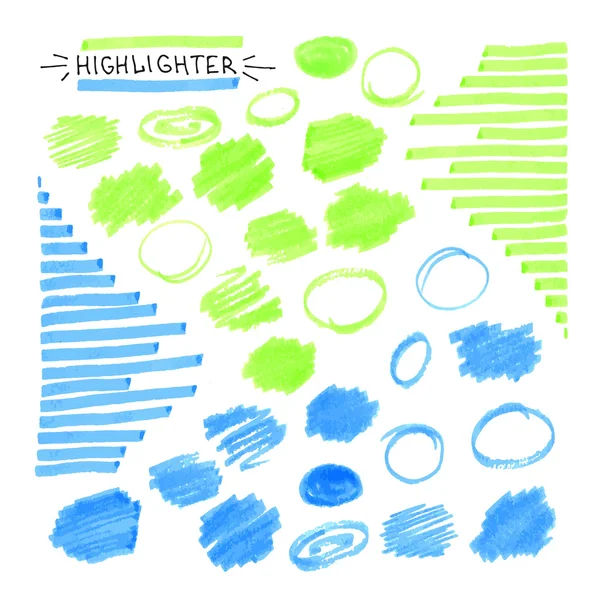 Set of blue and green fluorescent highlighter marks — Stock Vector