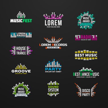 İlk büyük set müzik ekolayzer amblemi vektör öğeleri koyu arka plan üzerinde