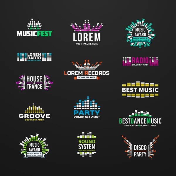 İlk büyük set müzik ekolayzer amblemi vektör öğeleri koyu arka plan üzerinde